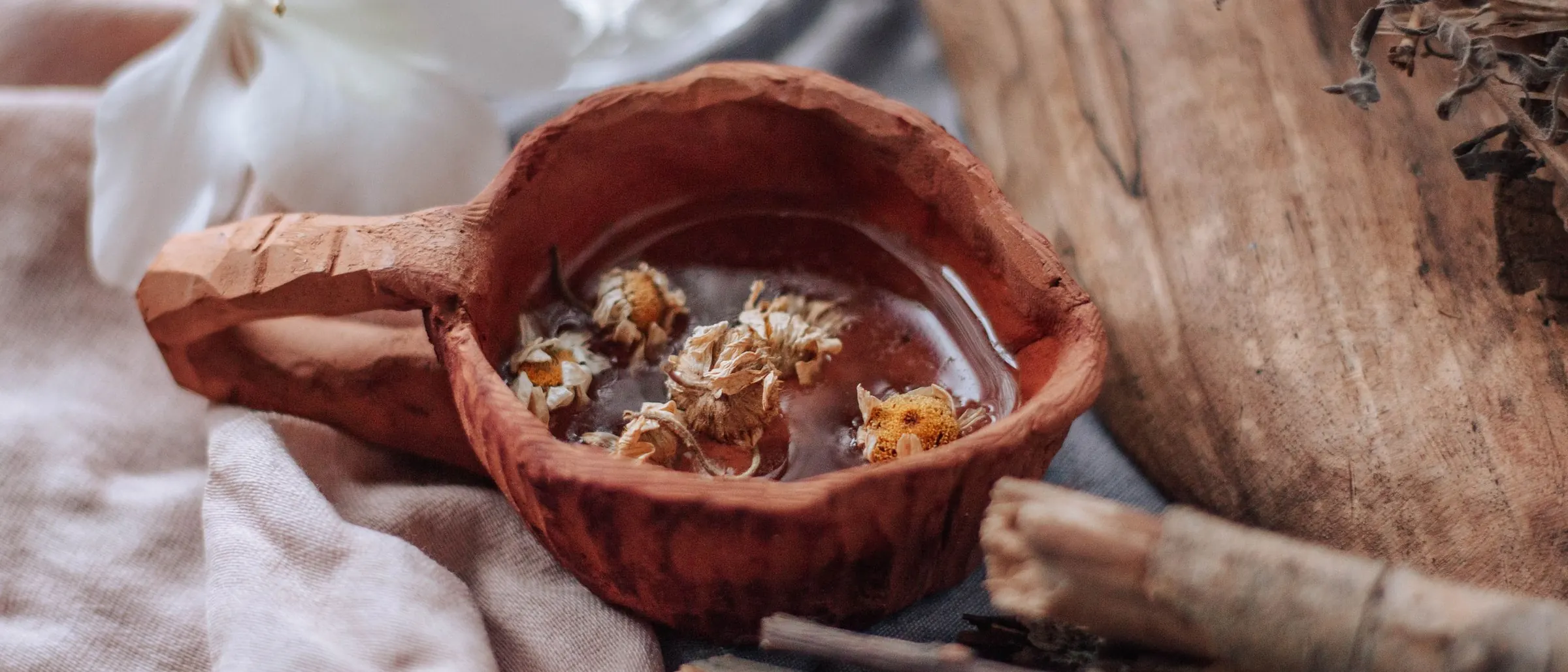 Clay cup of herbal tea with dried flowers and bark in a rustic setting